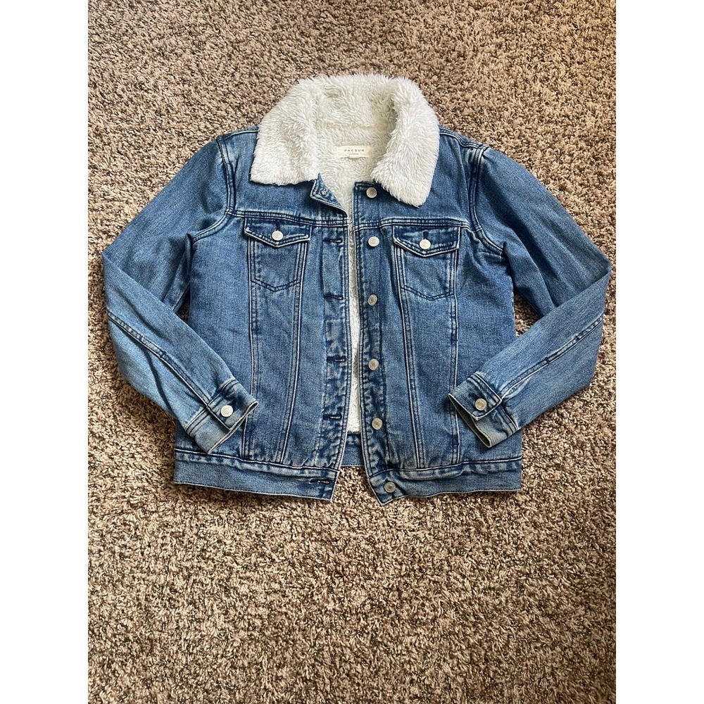 PacSun Womens Size S Blue Denim Sherpa Lined Trucker Jacket Faux Shearling